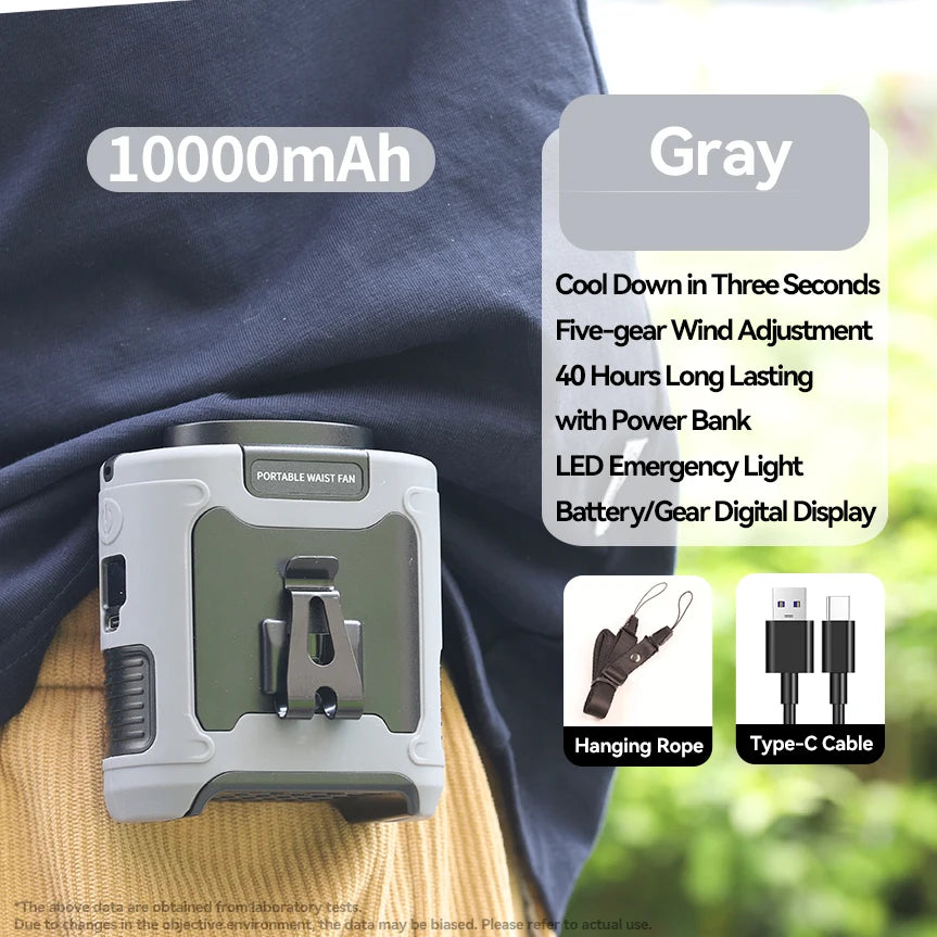 10000mAh Portable Outdoor Waist Fan Hanging Neck Strong Wind with Power Bank LED Lighting for Emergency Sports Outdoor Working