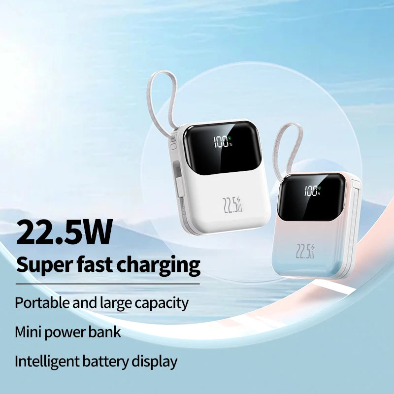 10000mAh compact portable power bank, 22.5W super fast charging, with built-in charging cable,suitable for iPhone/Samsung/Xiaomi