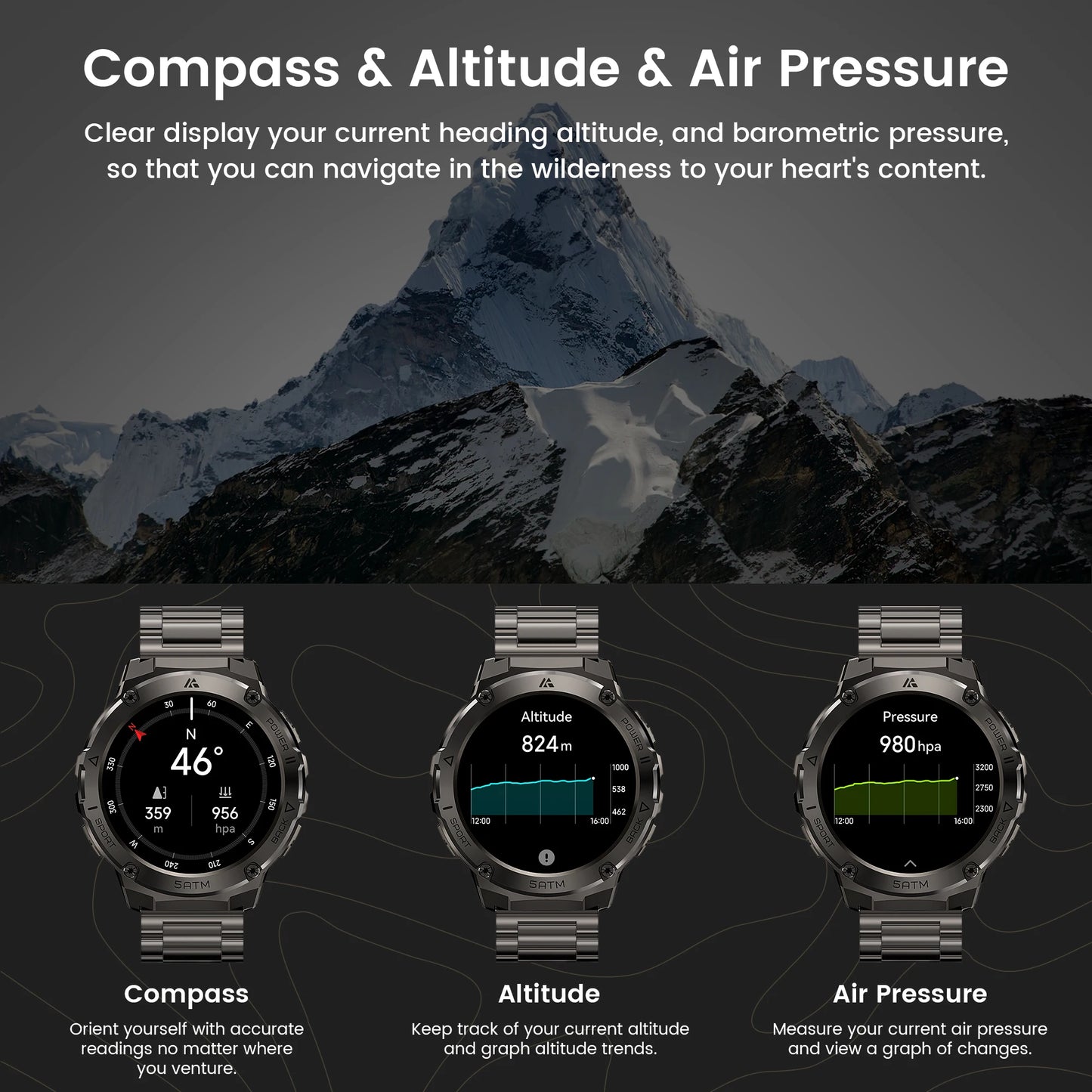 AMAZTIM T3E GPS Smart Watch For Men Compass Altimeter Altitude Stainless Steel Shell 5ATM IP69K Waterproof 470mAh AMOLED Watches