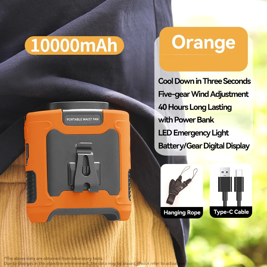 10000mAh Portable Outdoor Waist Fan Hanging Neck Strong Wind with Power Bank LED Lighting for Emergency Sports Outdoor Working