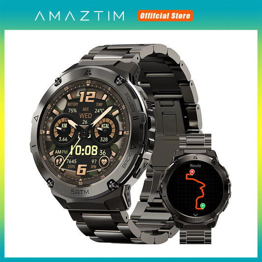 AMAZTIM T3E GPS Smart Watch For Men Compass Altimeter Altitude Stainless Steel Shell 5ATM IP69K Waterproof 470mAh AMOLED Watches