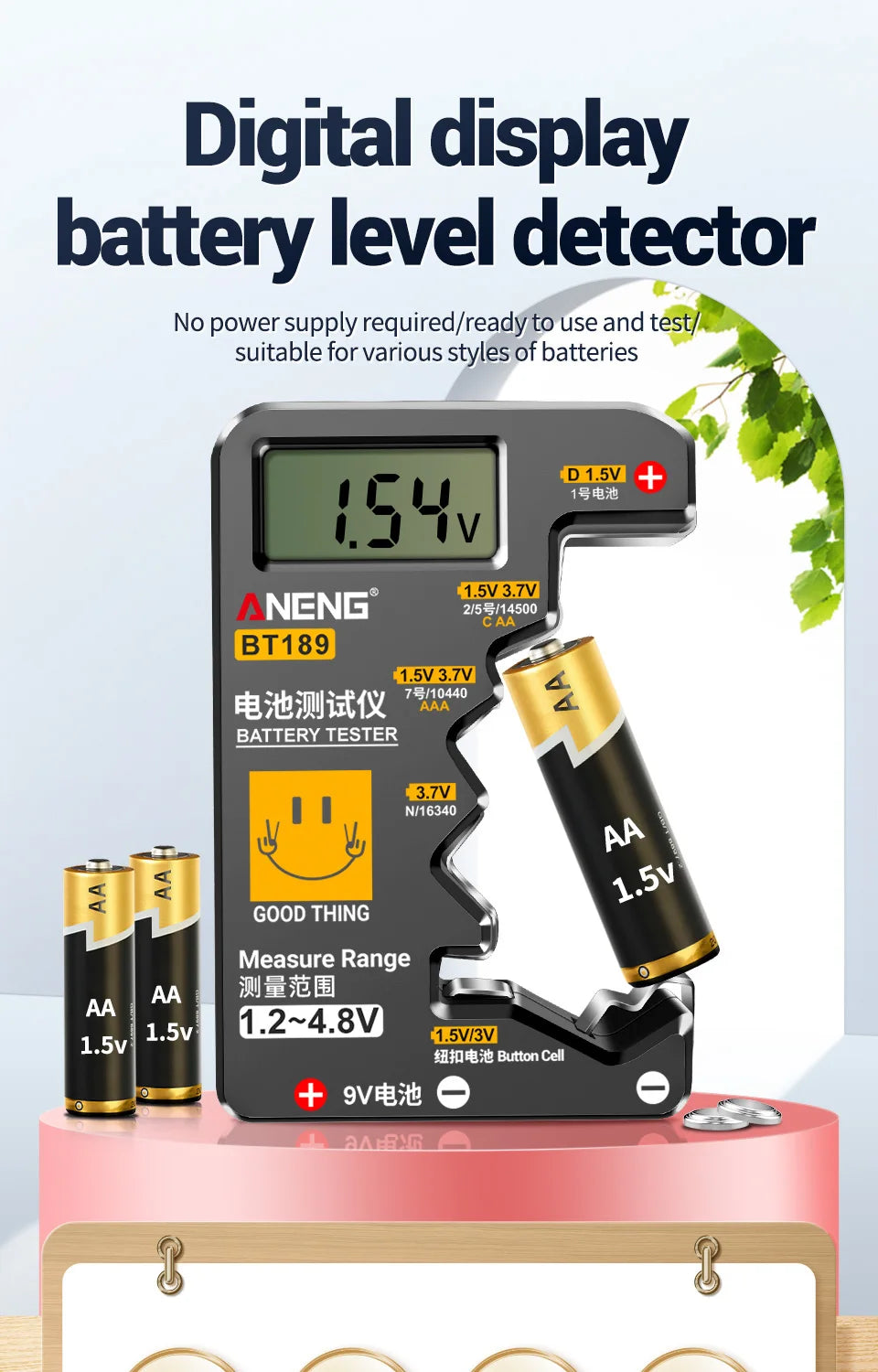 ANENG BT189 Button Cell Battery Tester 9V N D C AA AAA Universal Household LCD Display Battery Tester Power Bank Detectors Tools