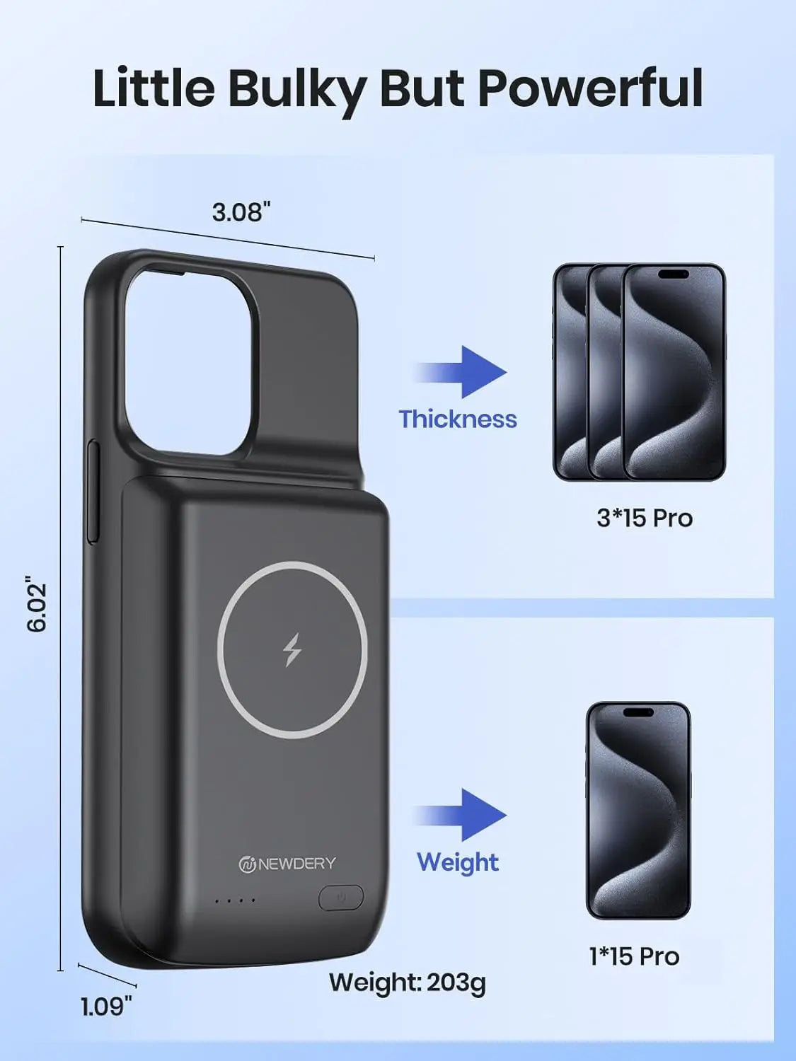 NEWDERY 10000mAh Battery Charger Case for iPhone 15/15 Pro Portable Power Bank Magnetic Wireless Charging Case Battery Pack