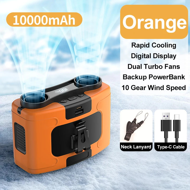 10000mAh Portable Outdoor Waist Fan Hanging Neck Strong Wind with Power Bank LED Lighting for Emergency Sports Outdoor Working