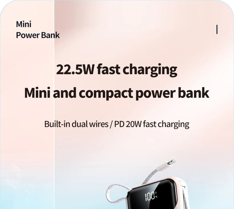 10000mAh compact portable power bank, 22.5W super fast charging, with built-in charging cable,suitable for iPhone/Samsung/Xiaomi