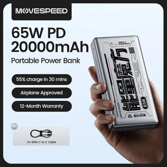 MOVESPEED E20 20000mAh Power Bank 65W Type C Fast Charging External Battery Portable Charger Powerbank for MacBook Lenovo Laptop