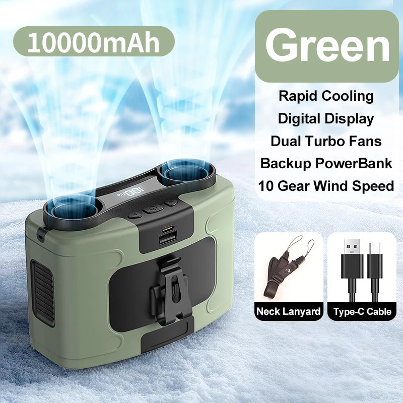 10000mAh Portable Outdoor Waist Fan Hanging Neck Strong Wind with Power Bank LED Lighting for Emergency Sports Outdoor Working