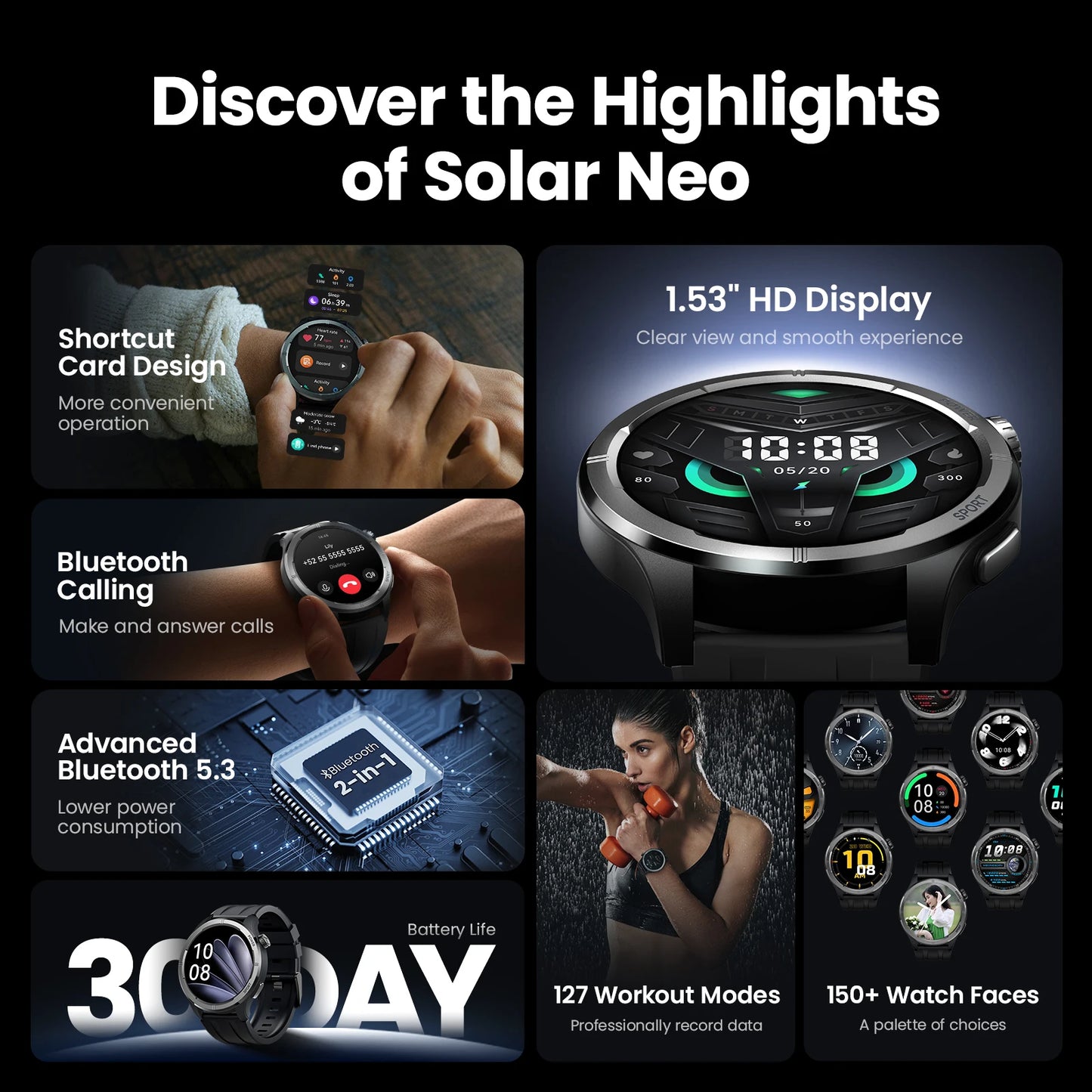 HAYLOU Solar Neo Smart Watch 1.53'' HD Display Bluetooth Call 24H Health Monitoring Smartwatchs Men Women Smart Sport Watchs