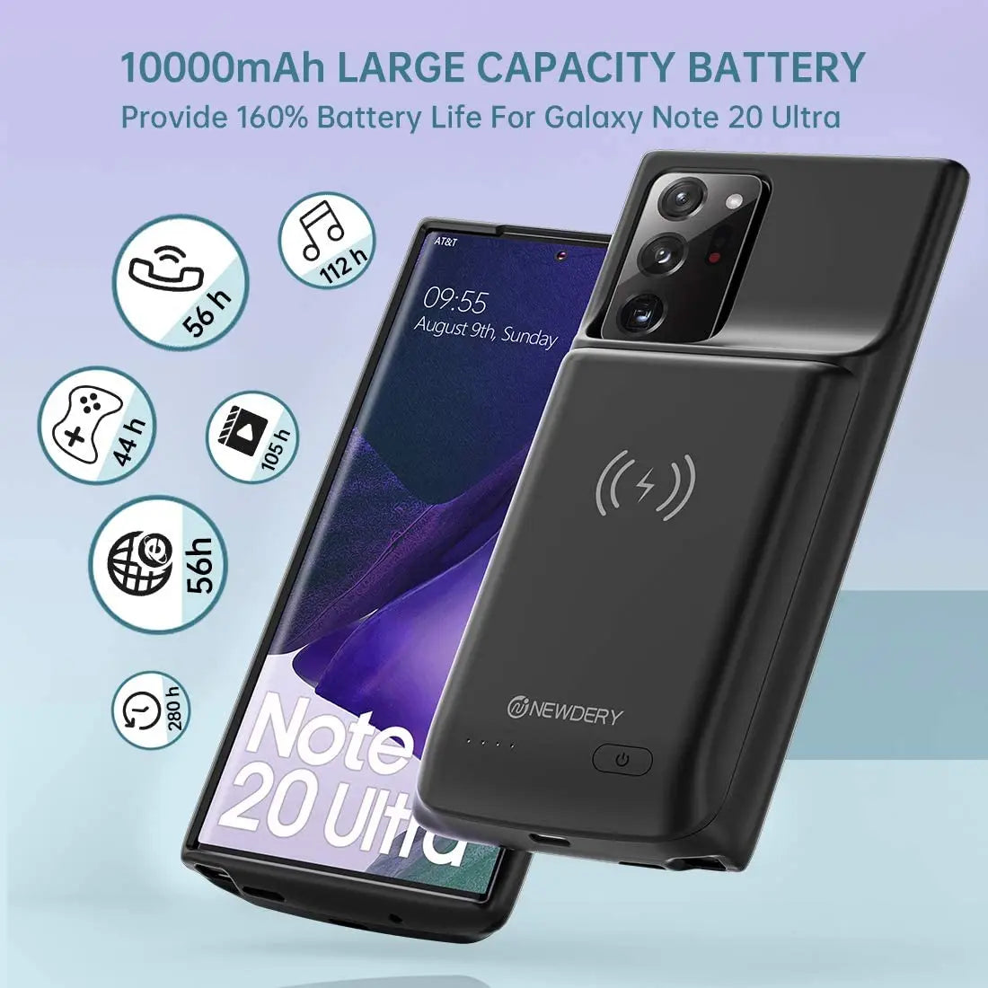 NEWDERY Wireless Battery Charger Case for Galaxy Note 20 Ultra Fast Charging Power Bank Cover 10000mAh Extended Battery Pack