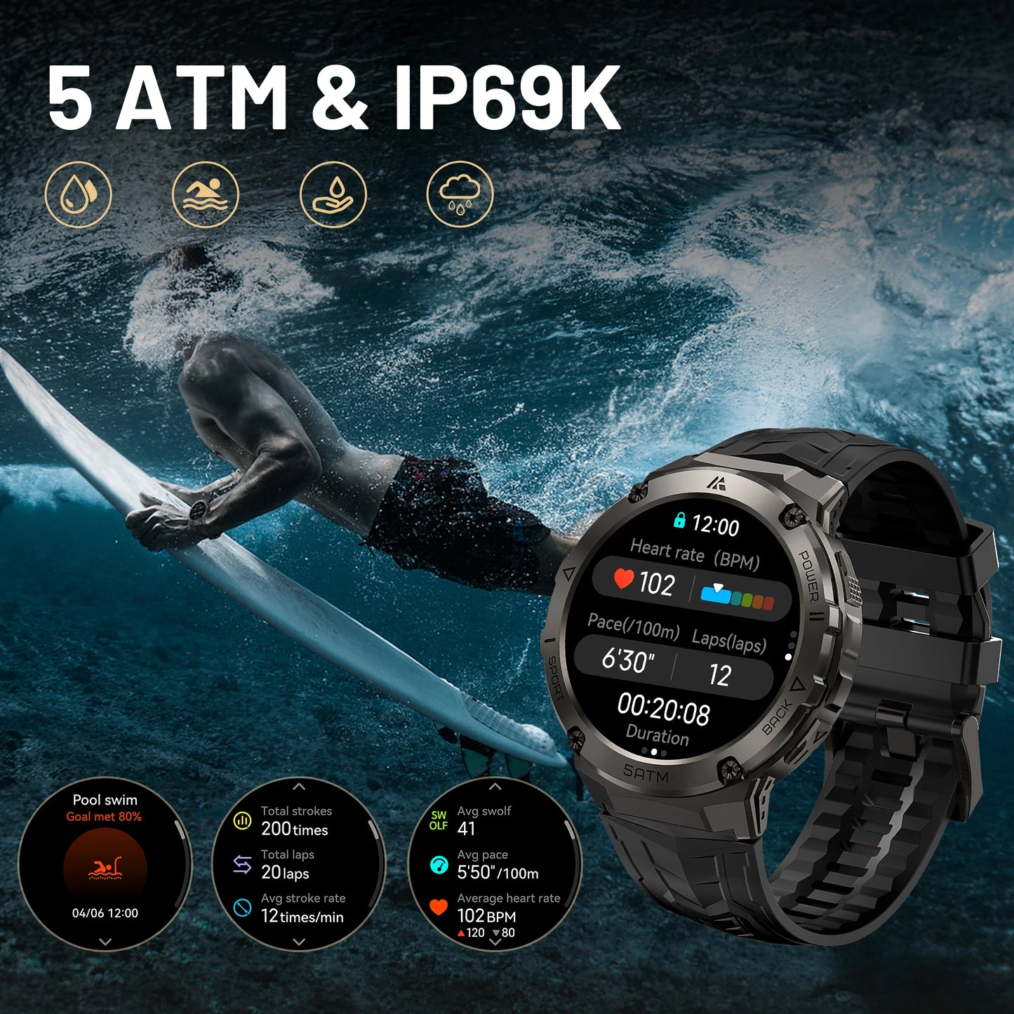 AMAZTIM T3E GPS Smart Watch For Men Compass Altimeter Altitude Stainless Steel Shell 5ATM IP69K Waterproof 470mAh AMOLED Watches