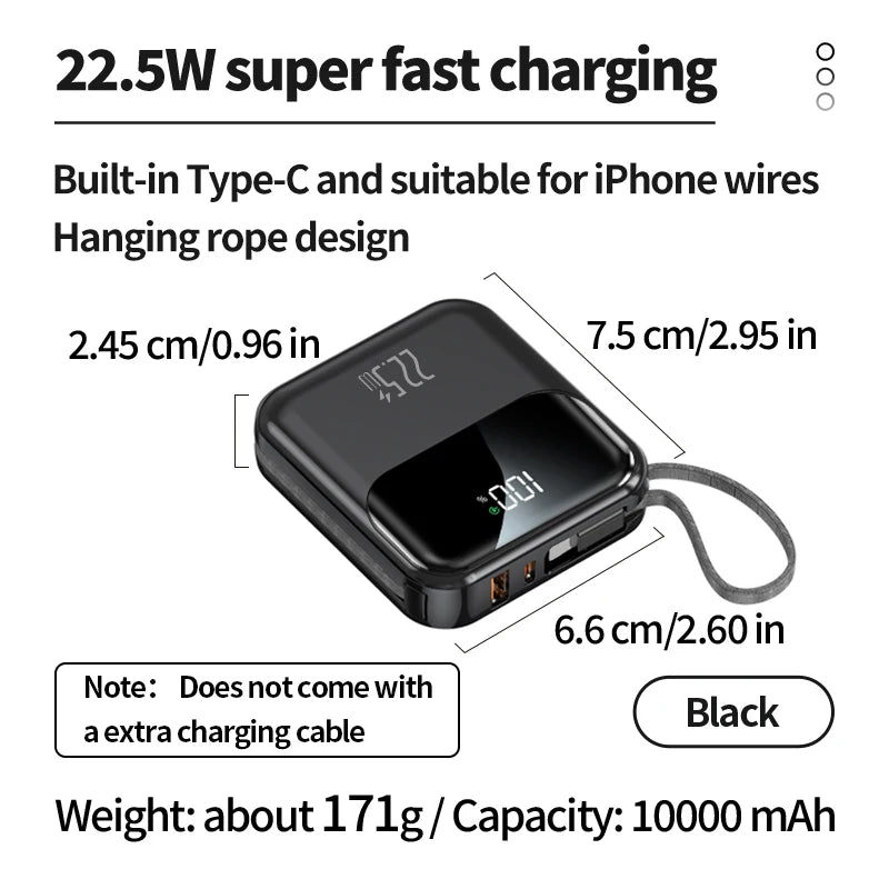 10000mAh compact portable power bank, 22.5W super fast charging, with built-in charging cable,suitable for iPhone/Samsung/Xiaomi