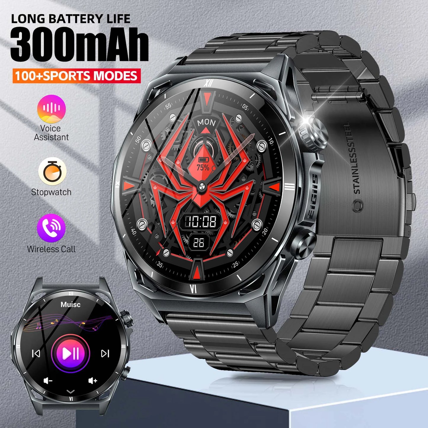 EIGIIS New Smart Watch KE6 1.43" AMOLED Display Men Black Sports Watch KE Series Bluetooth Call Health Monitor IP68 Waterproof