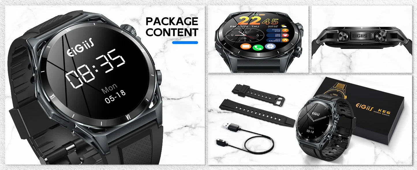 EIGIIS New Smart Watch KE6 1.43" AMOLED Display Men Black Sports Watch KE Series Bluetooth Call Health Monitor IP68 Waterproof