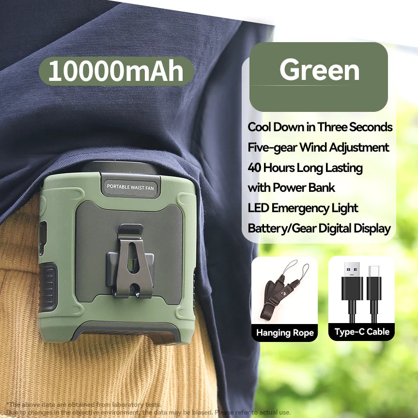 10000mAh Portable Outdoor Waist Fan Hanging Neck Strong Wind with Power Bank LED Lighting for Emergency Sports Outdoor Working